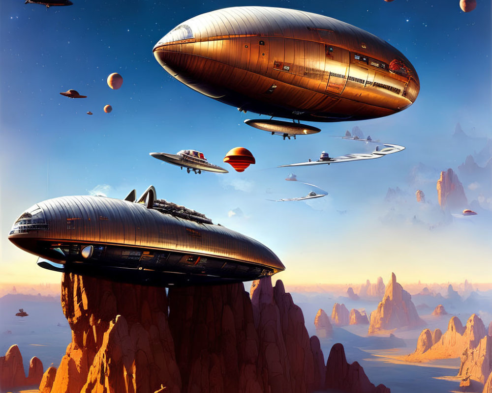 Sci-fi airships over desert with rock formations under orange sky