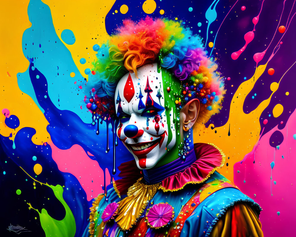 Colorful Clown with Multicolored Hair on Yellow Background