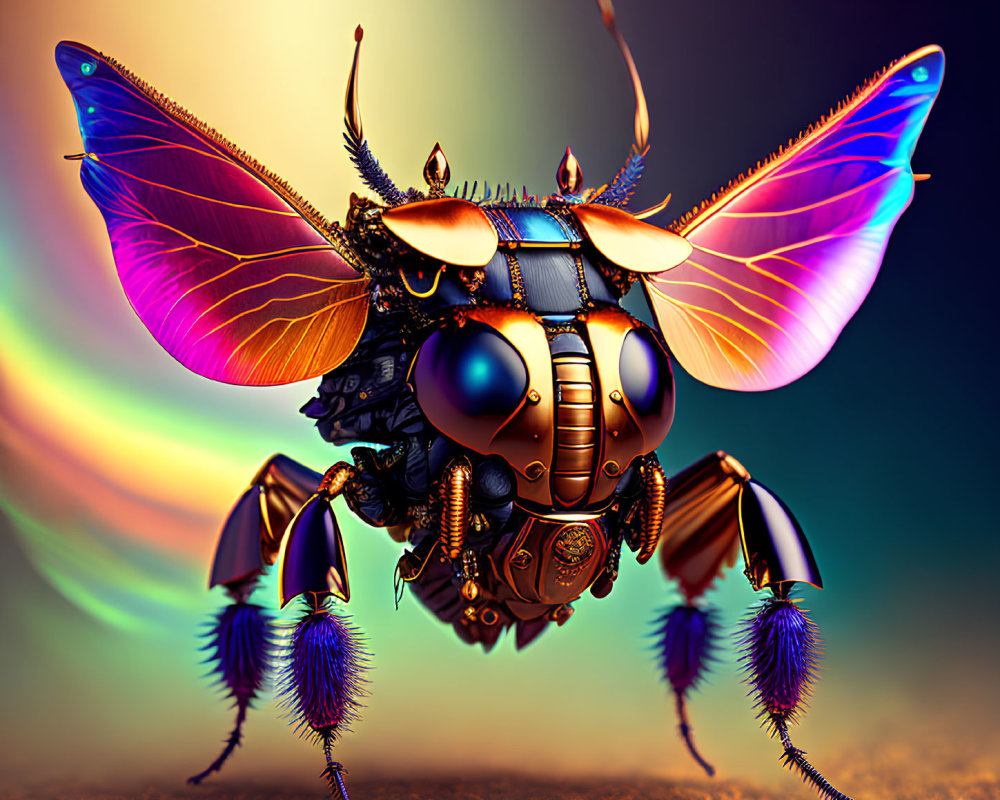 Detailed Mechanical Bee Artwork with Vibrant Wings and Metallic Body on Colorful Background