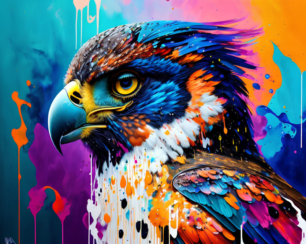 Colorful Eagle Artwork with Realistic and Abstract Elements in Blue, Orange, and Purple