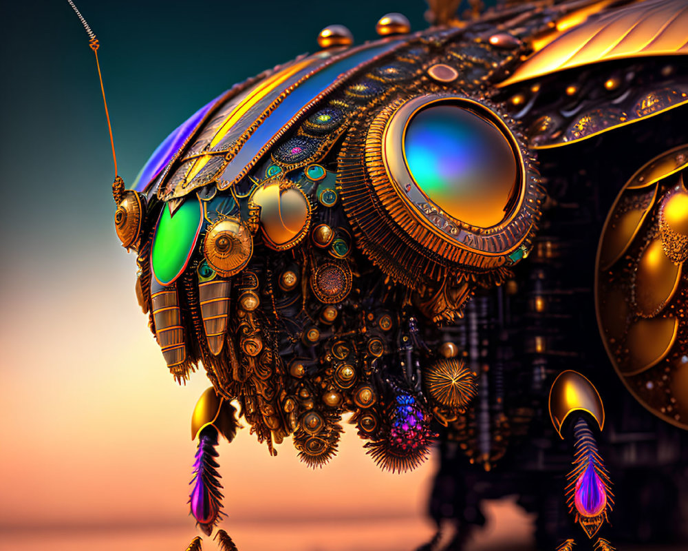 Detailed Mechanical Bee with Iridescent Wings on Sunset Background