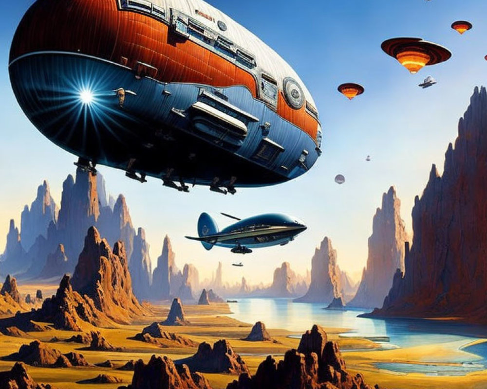 Futuristic spaceship flying over rocky desert with spires and blue river