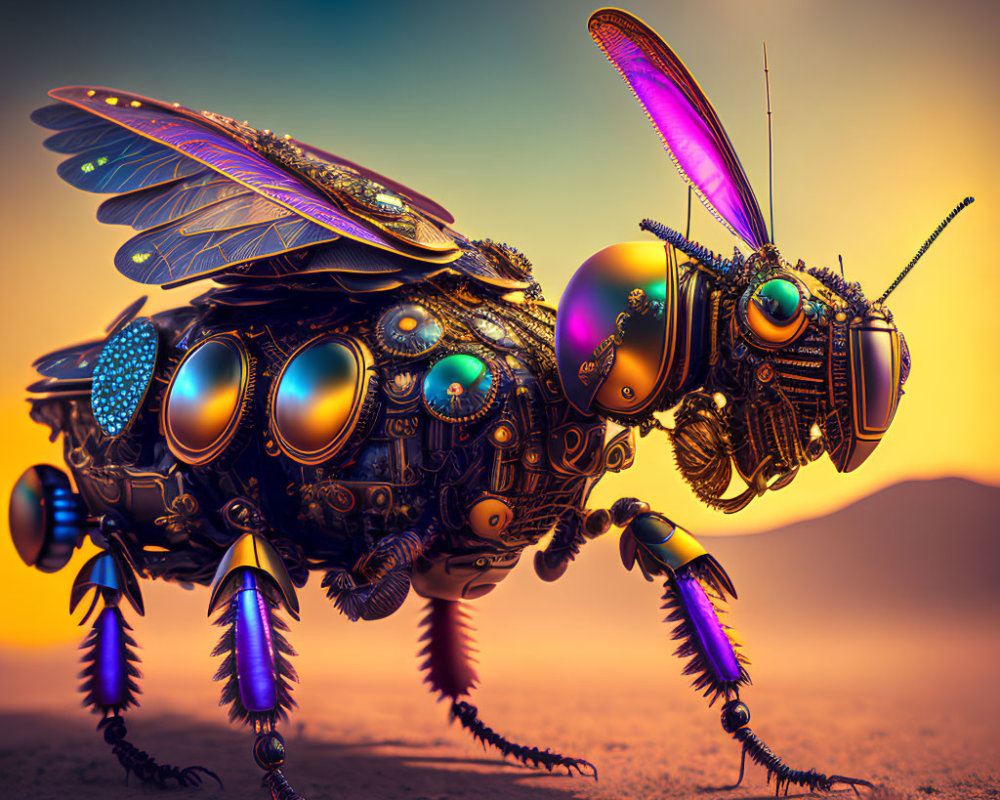 Digital Art: Mechanical Bee with Colorful Wings in Desert Sunset
