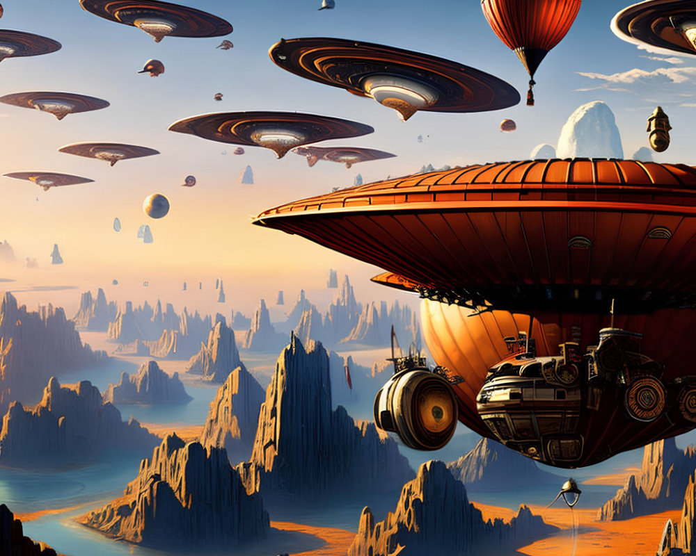 Futuristic airships over rocky desert with spires under blue sky
