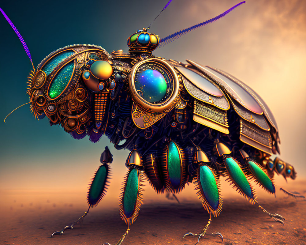 Steampunk-inspired mechanical insect on desert landscape