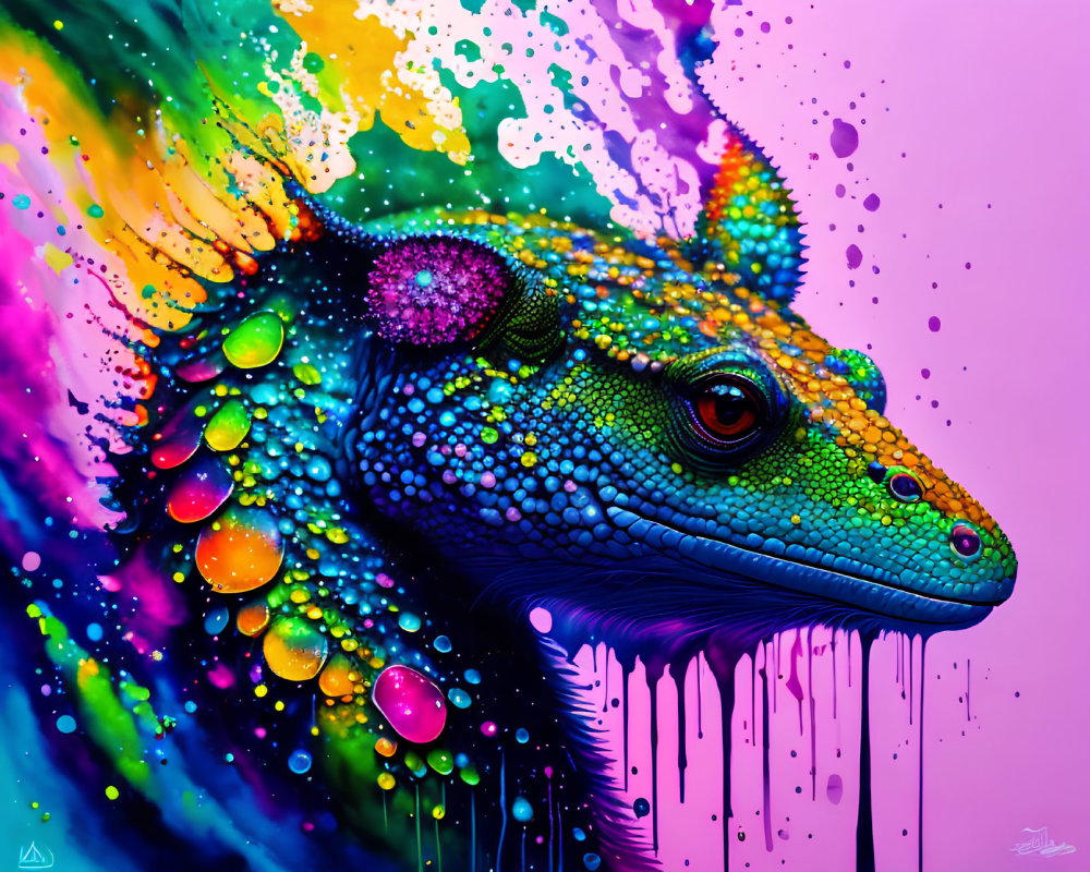 Colorful chameleon digital artwork with vibrant paint splatters.