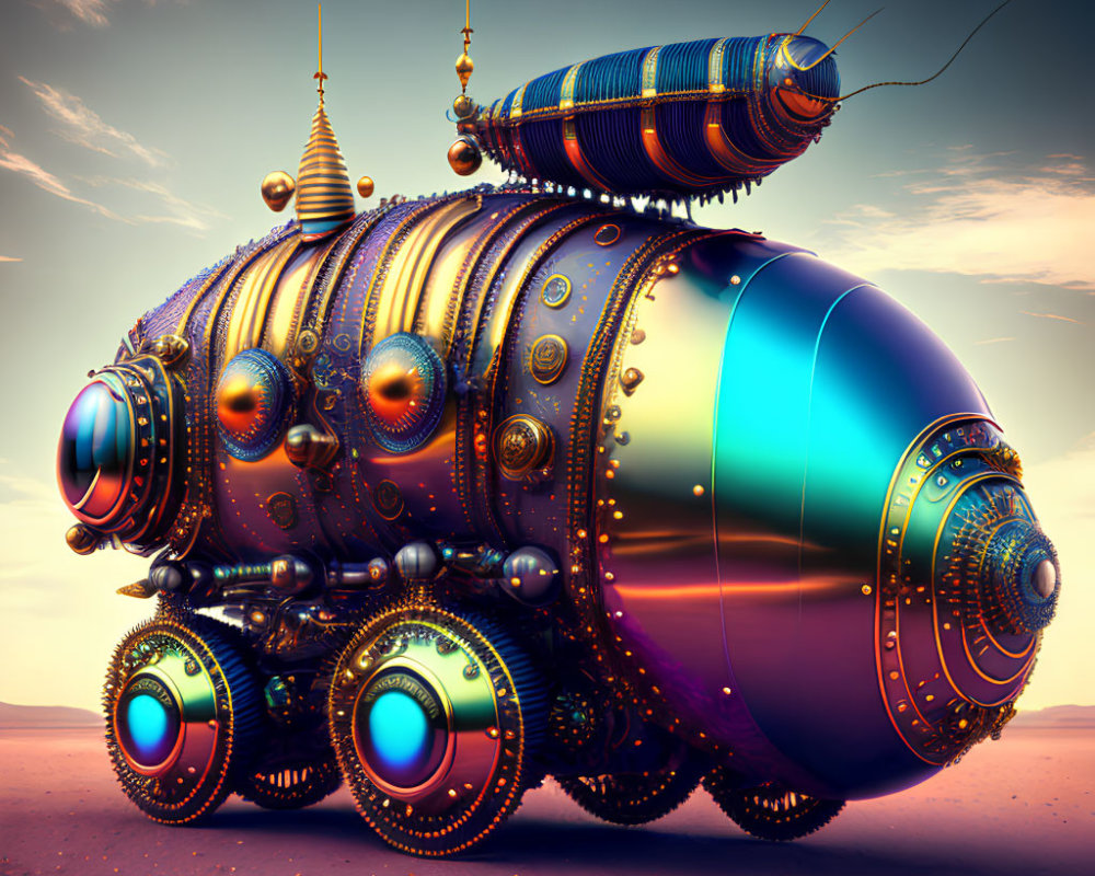 Detailed Steampunk Machine with Spherical Wheels in Desert Twilight
