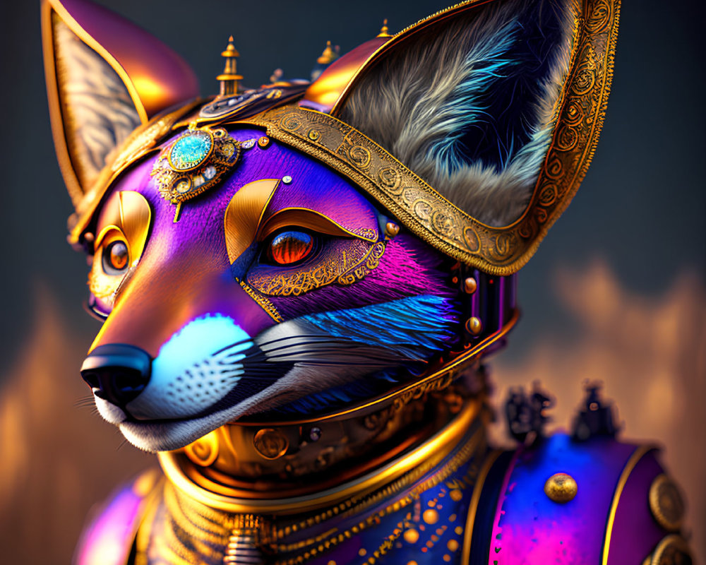 Anthropomorphic fox digital art in golden armor and jewels on blurred backdrop