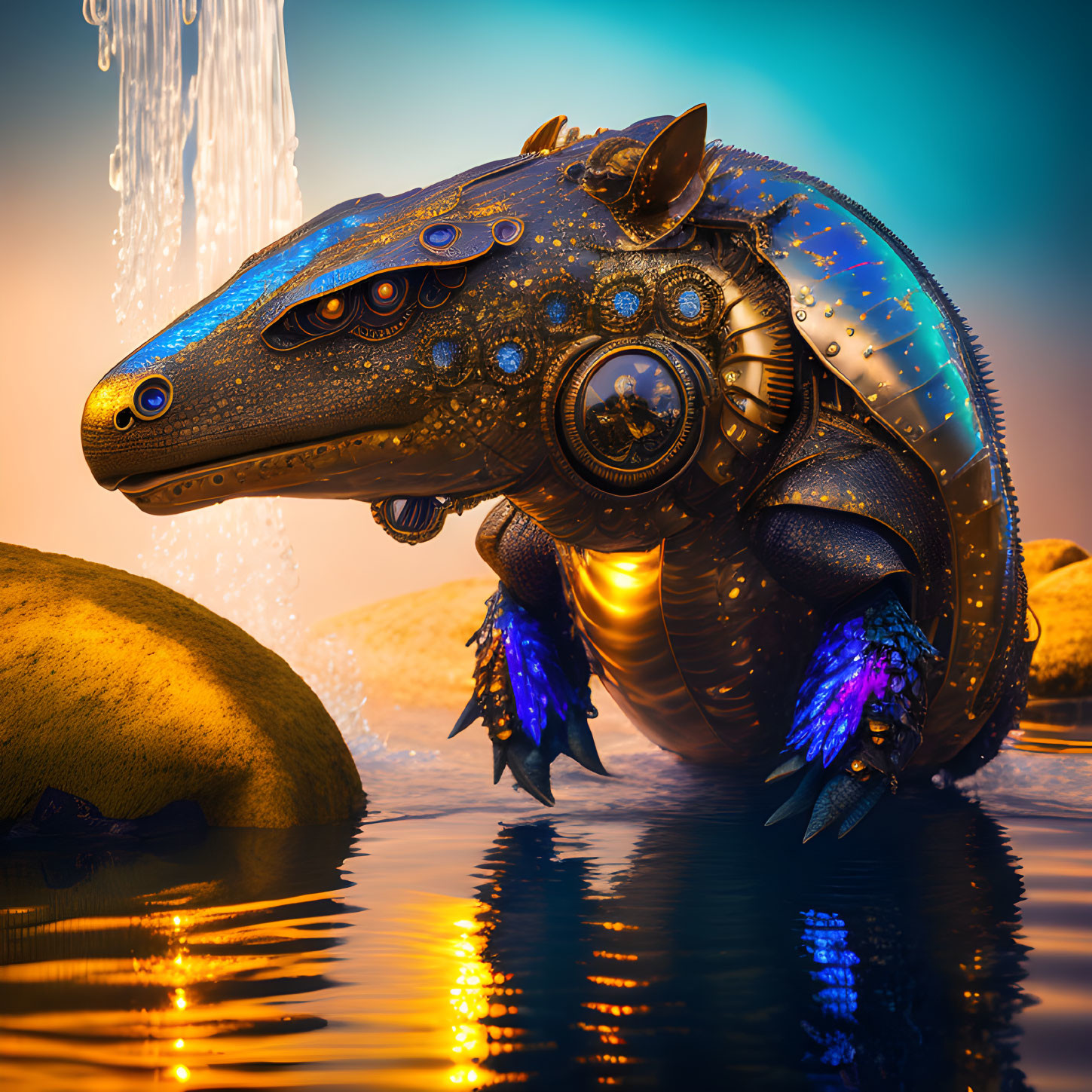 Intricate Mechanical Lizard with Blue Glowing Elements by Waterfall at Twilight