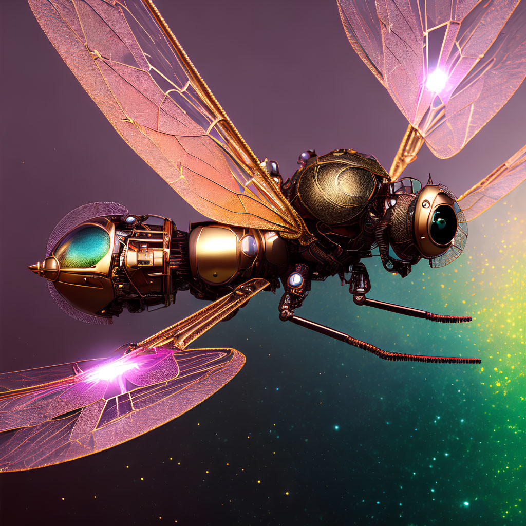 Steampunk-inspired mechanical dragonfly with luminous wings on starry backdrop