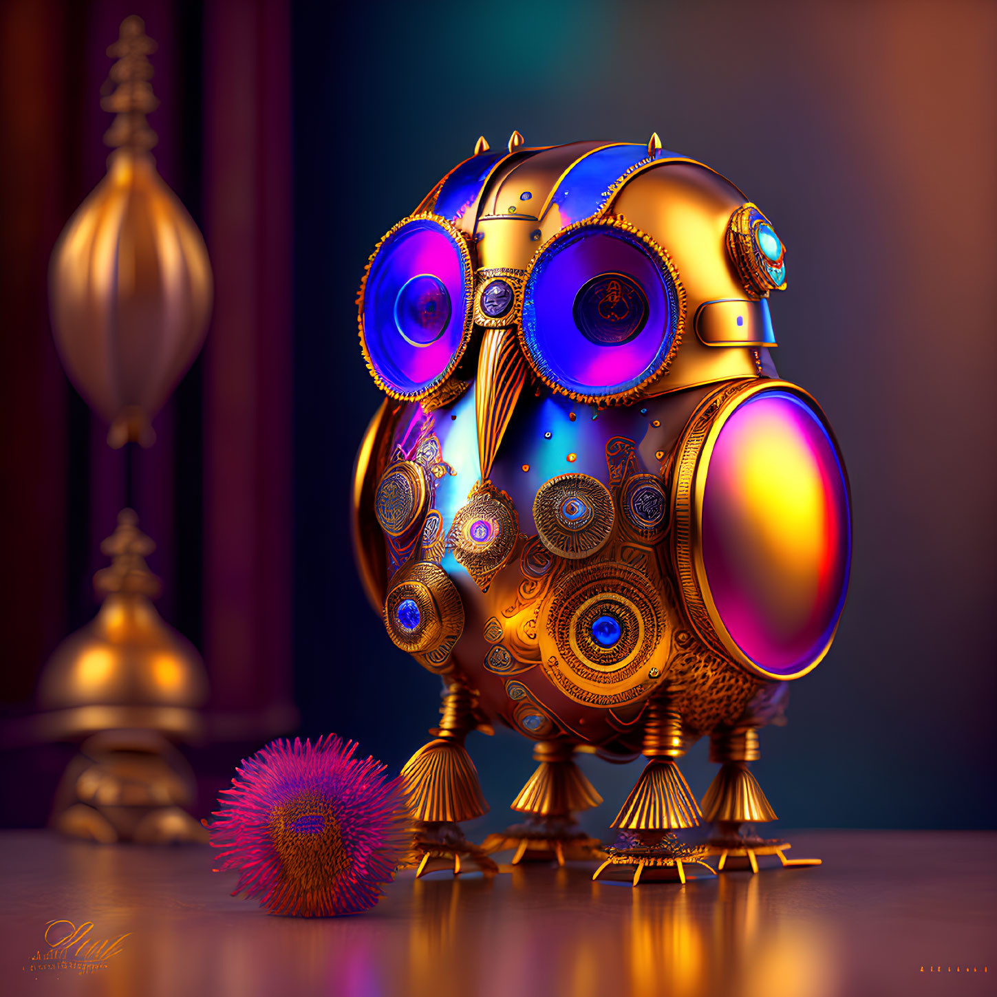 Steampunk-style spherical object with gears and metallic embellishments on moody backdrop.