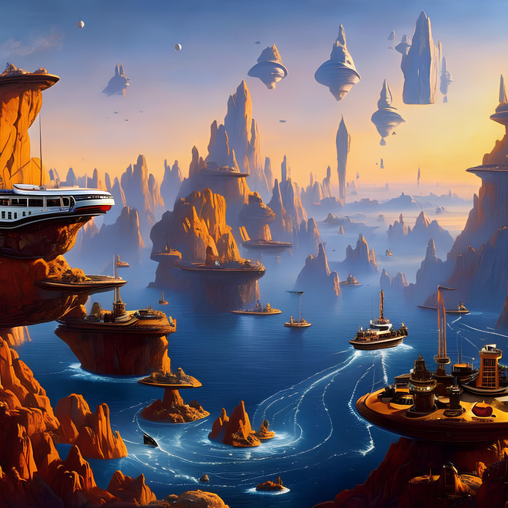 Futuristic landscape with floating islands and waterways under a sky with planets.