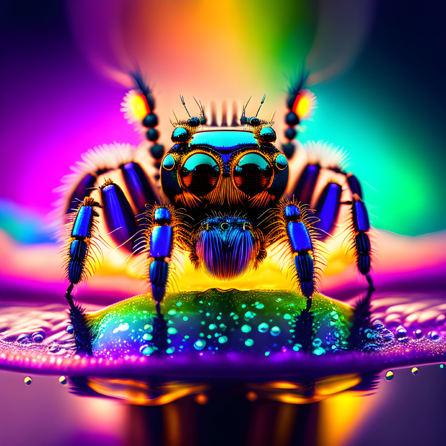 Colorful iridescent jumping spider on reflective surface with psychedelic background