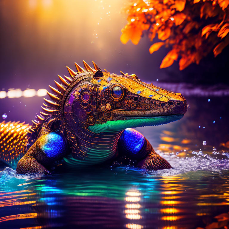 Intricate golden-patterned mechanical iguana by water with glowing blue parts and orange foliage