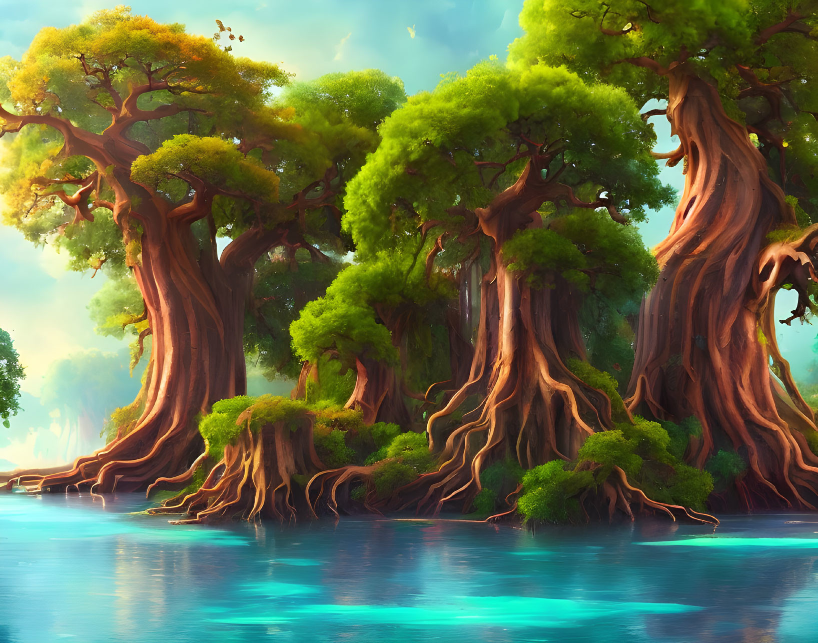 Ancient towering trees with intricate roots by a serene turquoise river