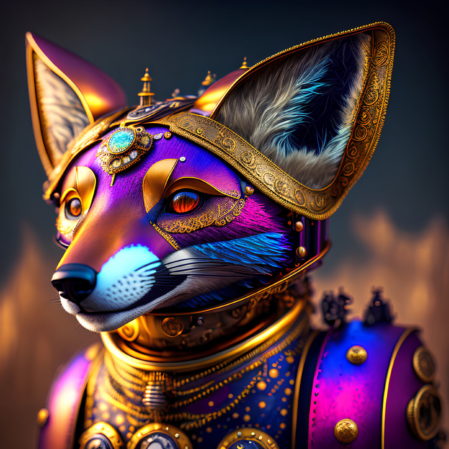 Anthropomorphic fox digital art in golden armor and jewels on blurred backdrop
