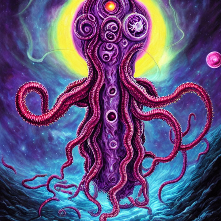 Colorful Octopus Illustration with Multiple Eyes in Cosmic Setting
