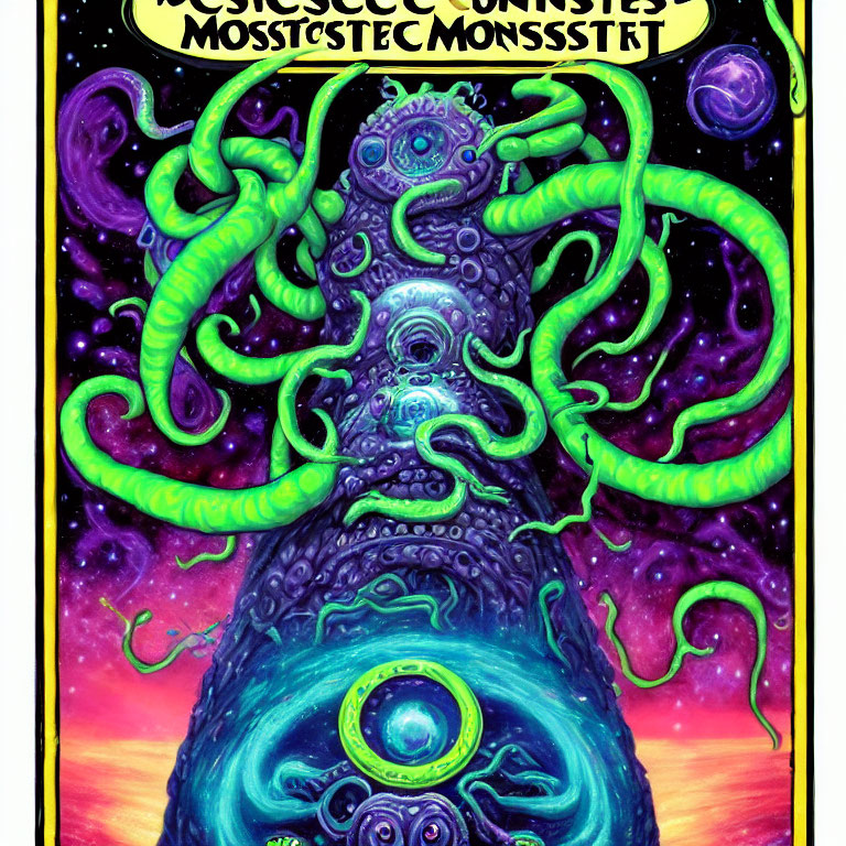 Vibrant psychedelic poster with alien creature and cosmic background