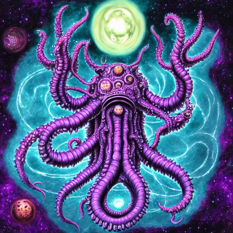 Colorful cosmic octopus with purple tentacles in space among stars and nebula