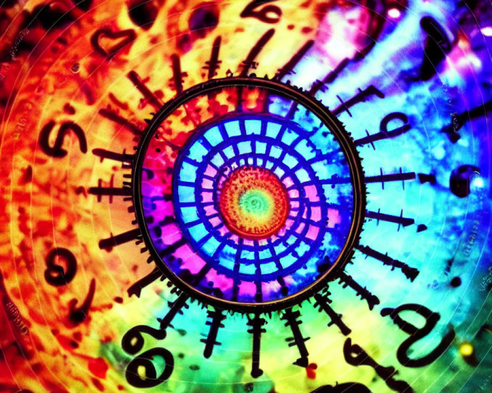 Colorful kaleidoscope spiral with zodiac symbols and numbers on rainbow background