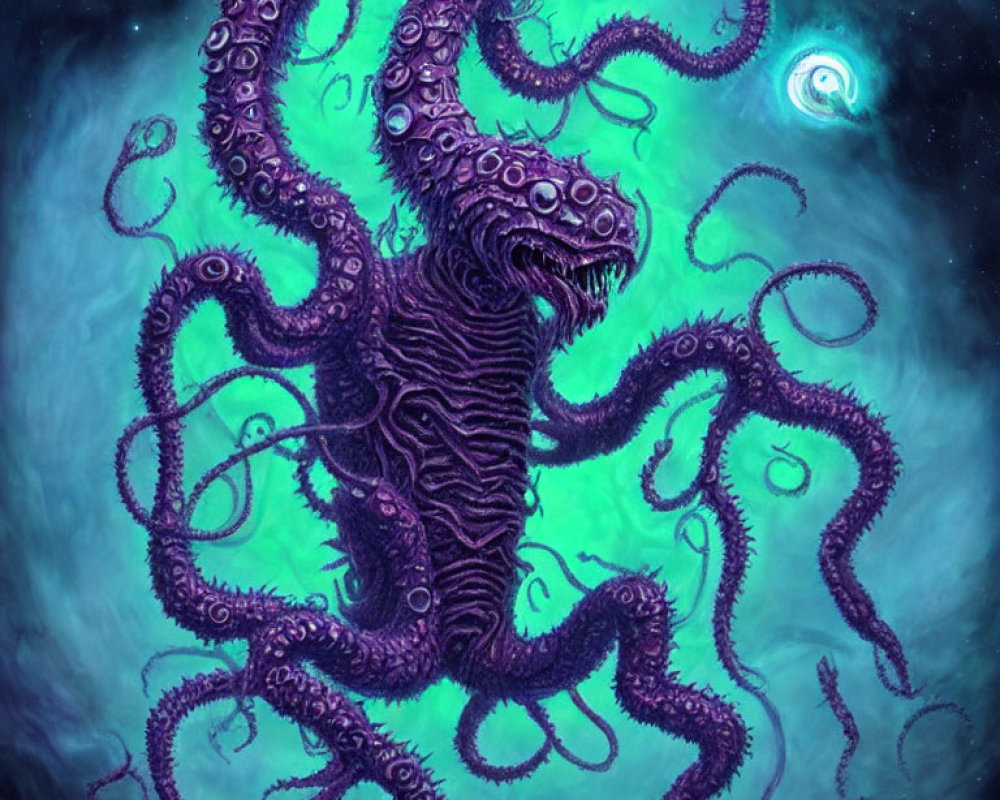 Monstrous creature with purple tentacles on cosmic background