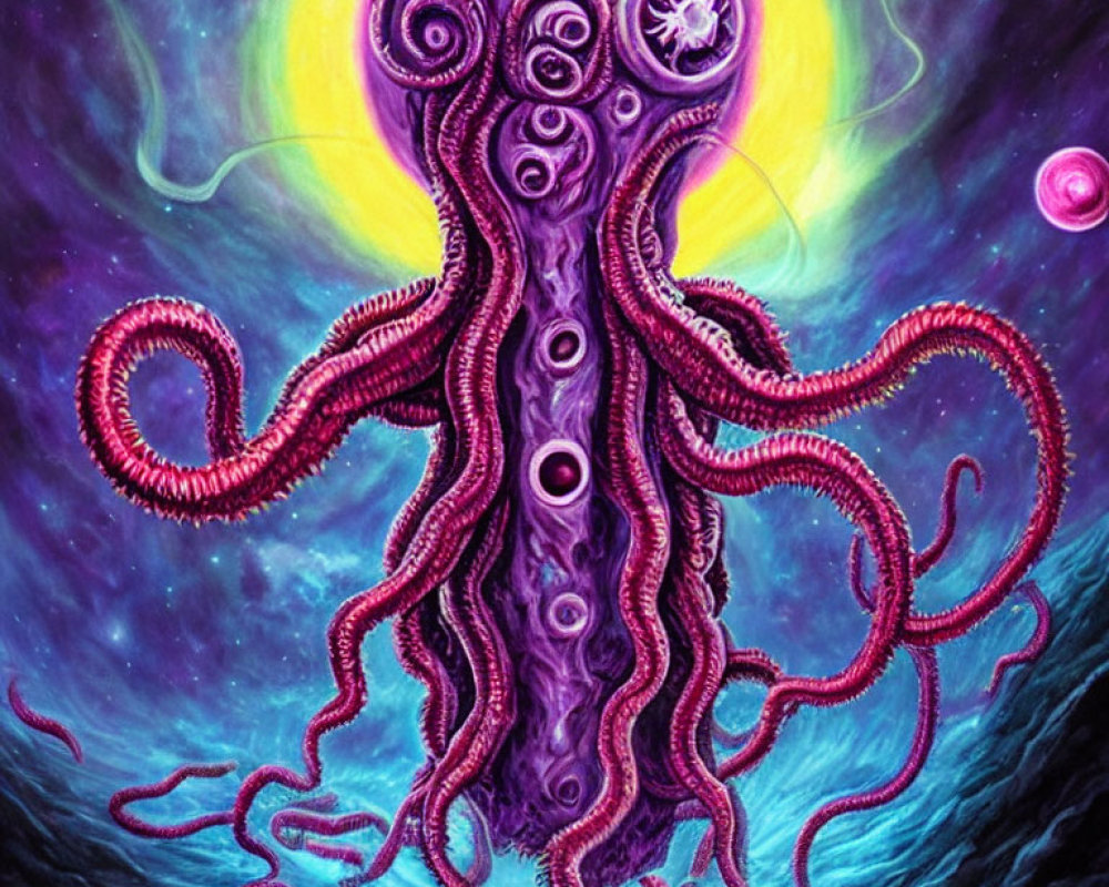 Colorful Octopus Illustration with Multiple Eyes in Cosmic Setting