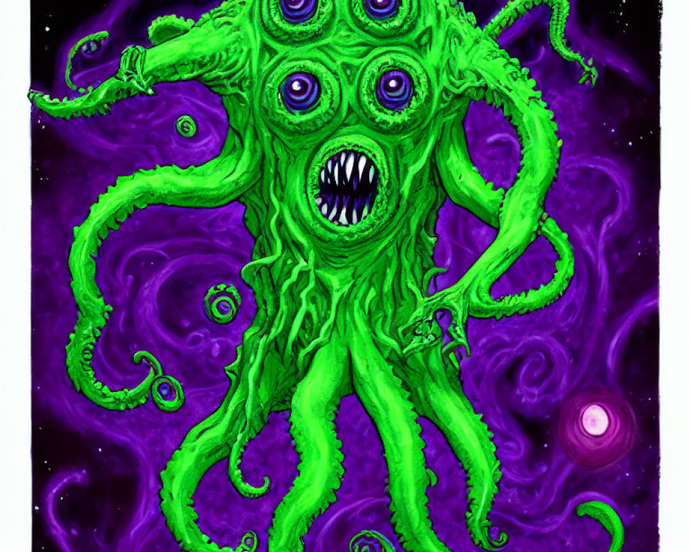 Colorful Cartoon Octopus with Multiple Eyes and Tentacles on Cosmic Background