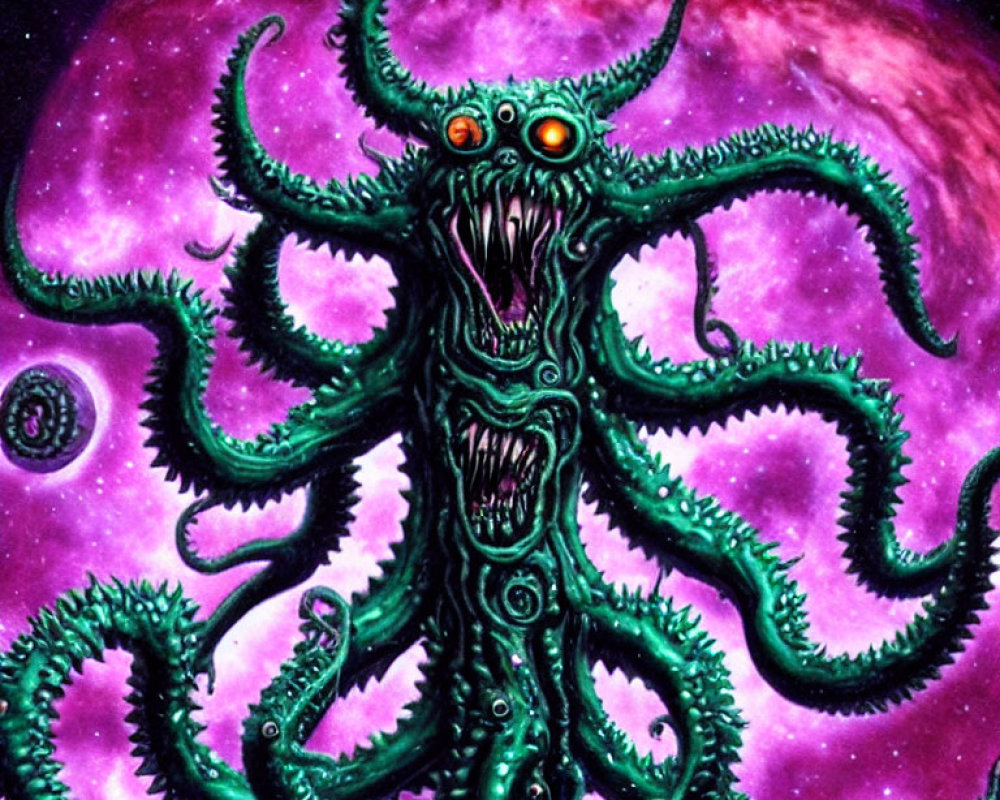 Cosmic entity with red eyes and tentacles in purple nebula