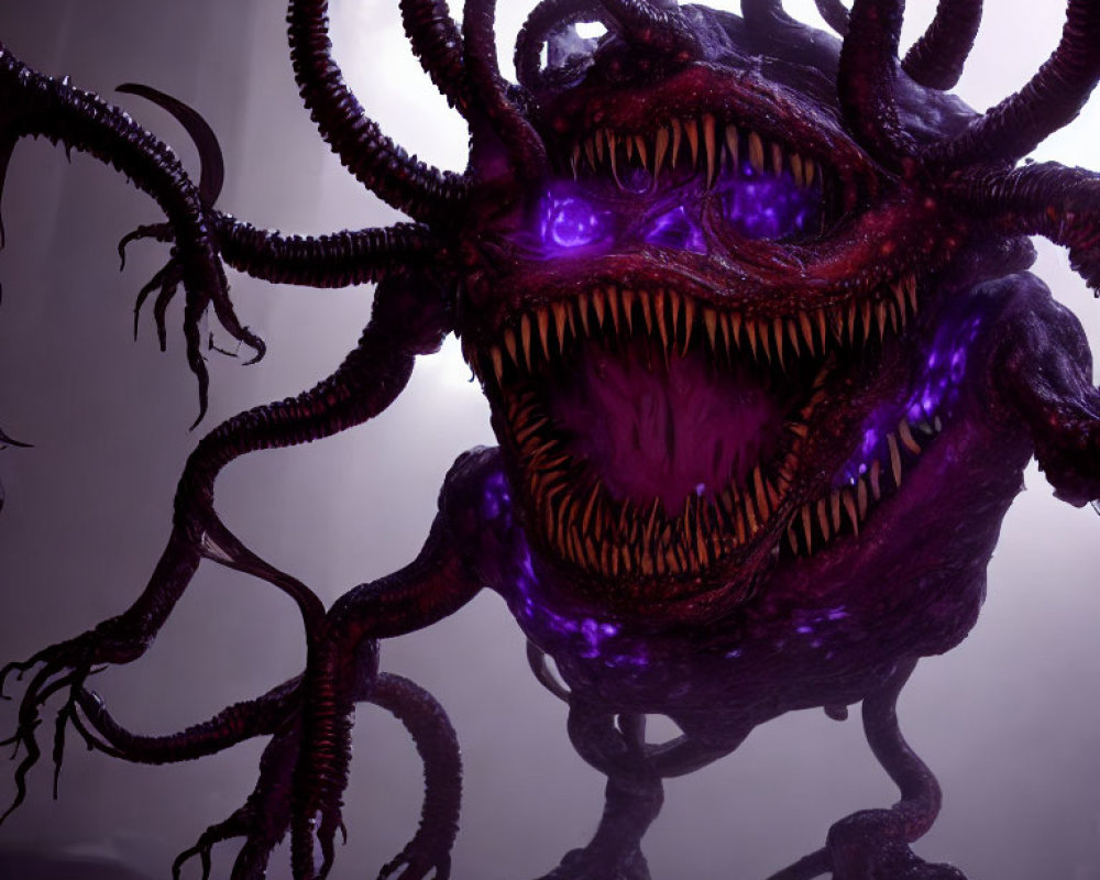 Menacing purple creature with spiraling tentacles and glowing eyes in dimly lit atmosphere