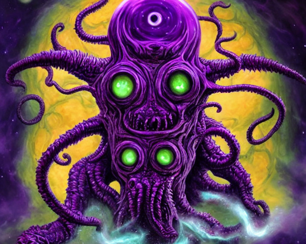 Colorful Octopus-Like Creature with Green Eyes in Cosmic Setting