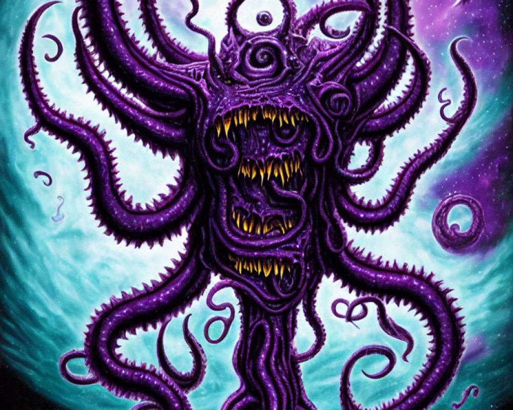 Purple monstrous octopus creature with sharp teeth in cosmic setting