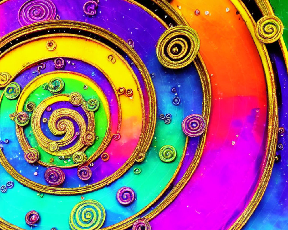 Colorful spiral artwork with metallic gold swirls on rainbow gradient
