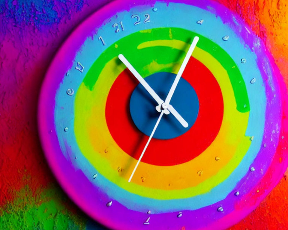 Colorful Circular Clock with Rainbow Hues and White Hands