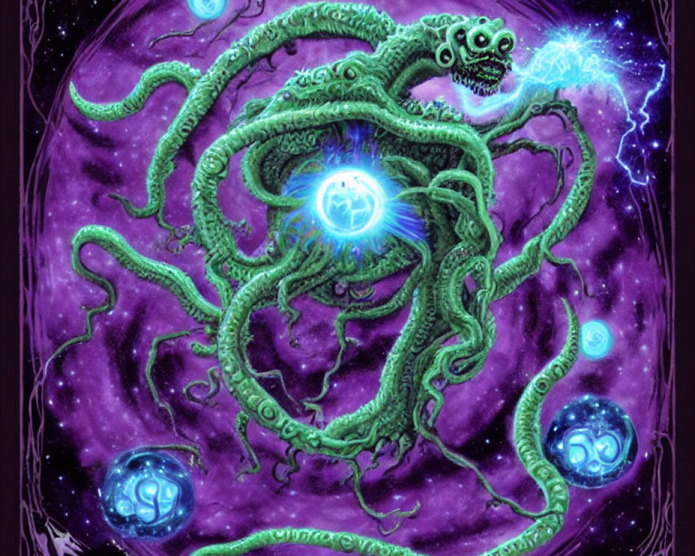 Green multi-tentacled creature with glowing orbs and energy core on purple cosmic background in circular frame