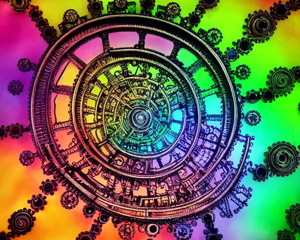 Intricate mechanical gear structure on rainbow background