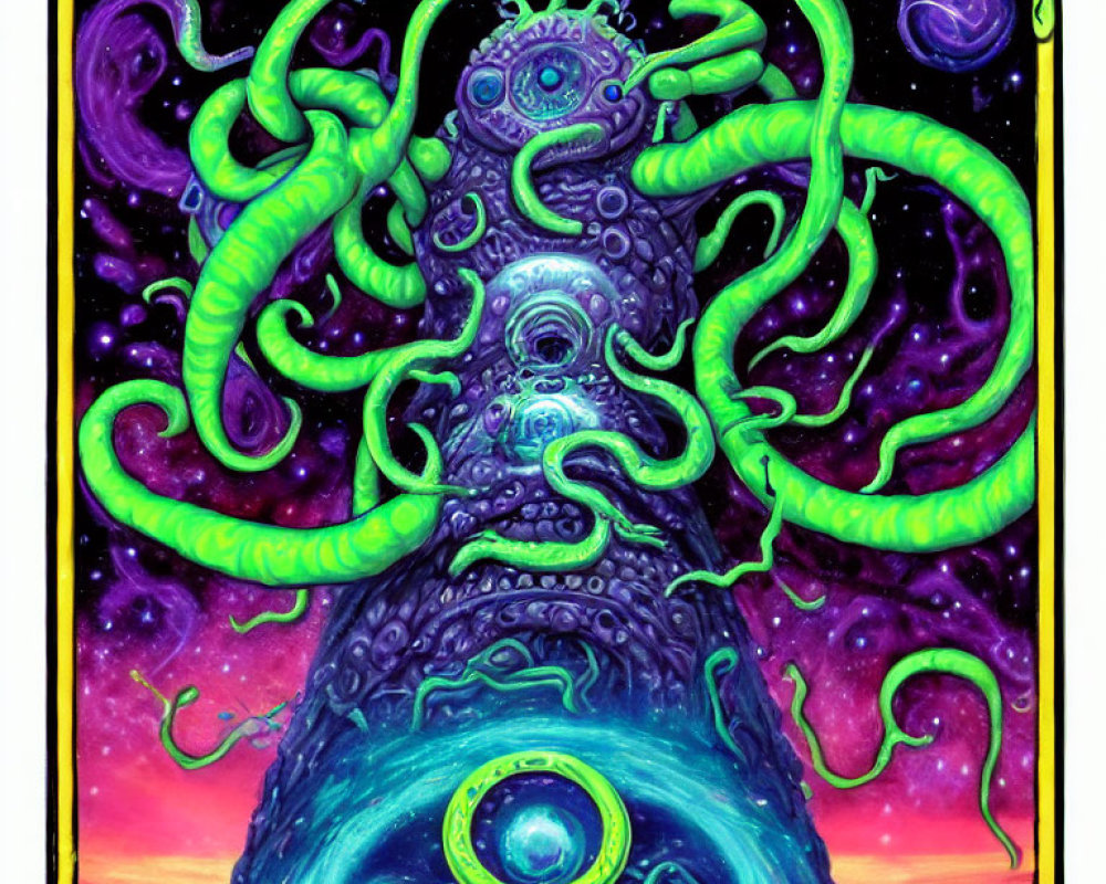 Vibrant psychedelic poster with alien creature and cosmic background
