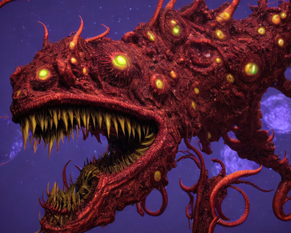 Red Multi-Eyed Dragon with Tentacles in Space Background