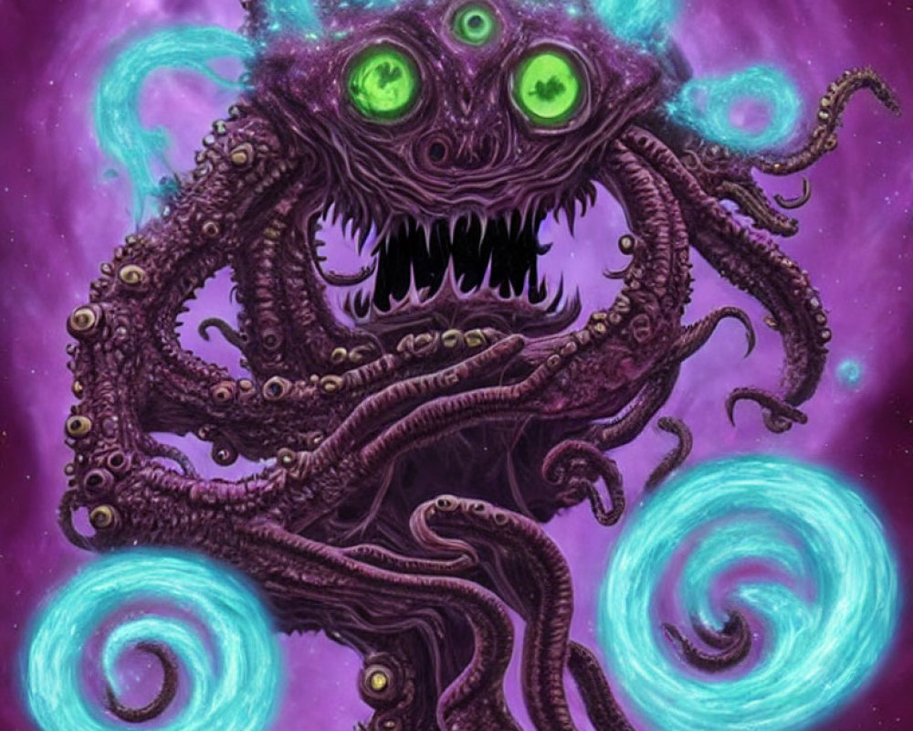 Monstrous creature with green eyes and tentacles on cosmic swirl background