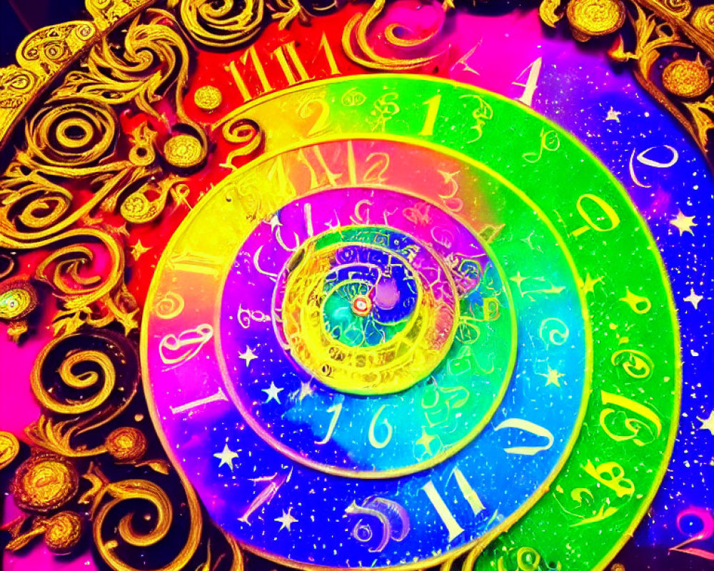 Colorful Astronomical Clock with Zodiac Signs and Gold Embellishments