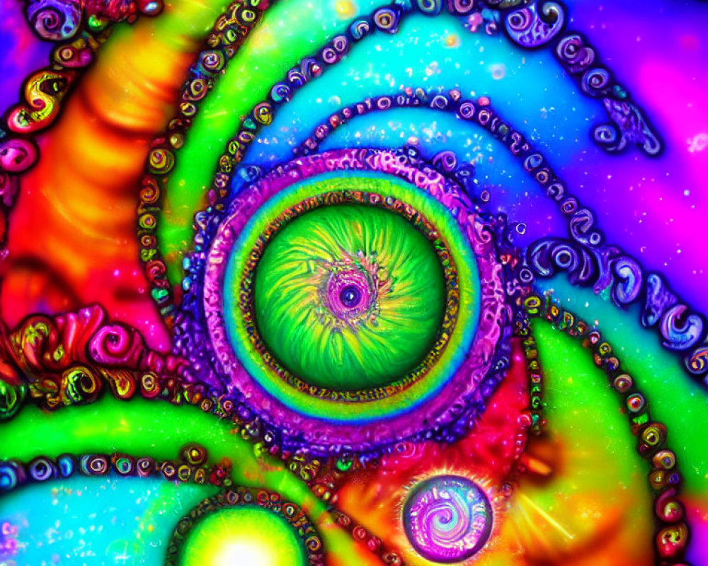 Colorful Neon Fractal Art with Swirling Patterns and Eye-Like Figure