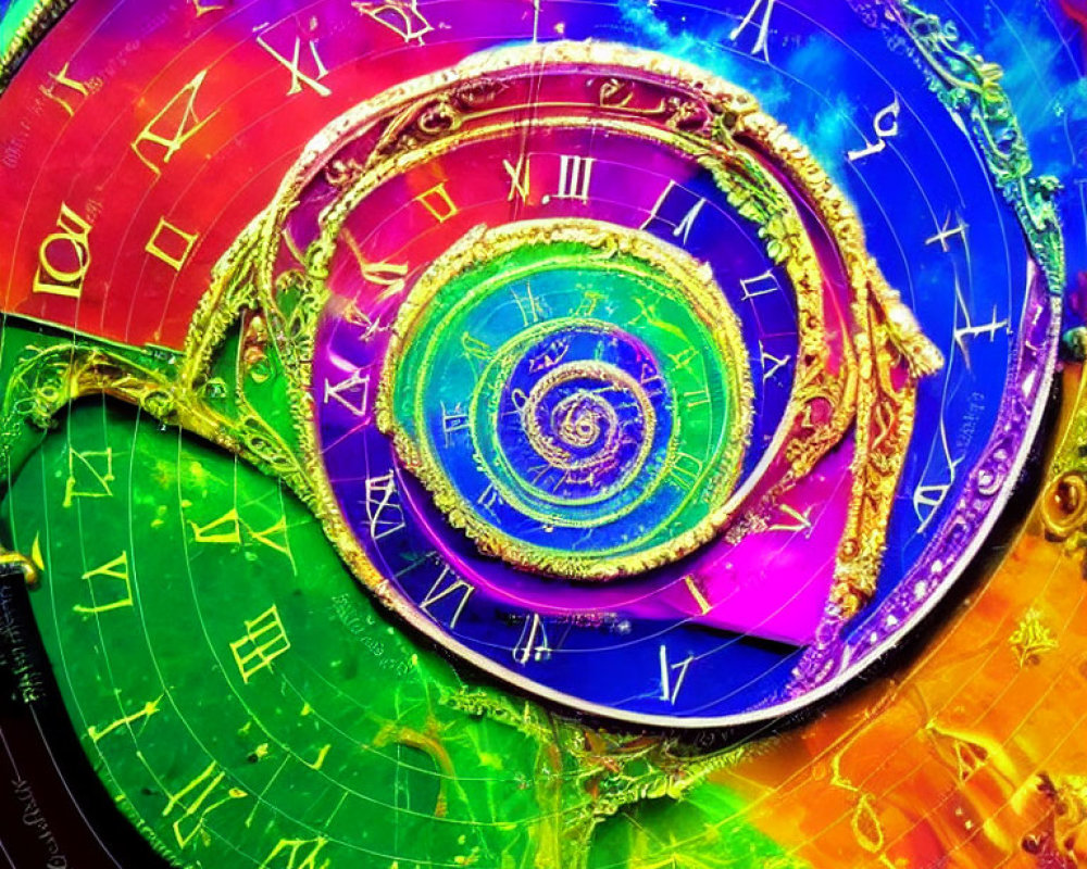 Colorful Spiral Clock with Roman Numerals in Purple, Green, and Gold