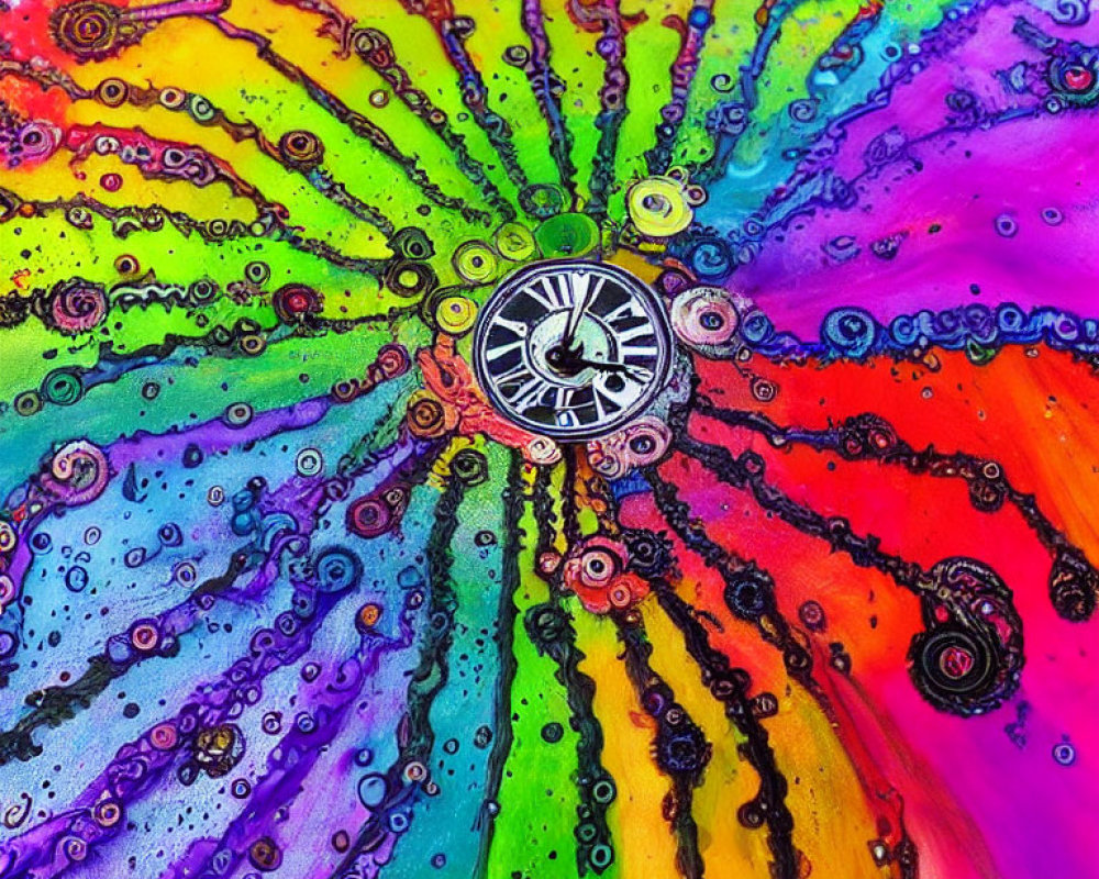 Colorful Swirl Pattern with Clock Face in Rainbow Hues