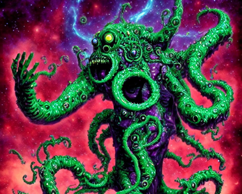 Colorful tentacled creature in cosmic scene with purple nebula and blue ring