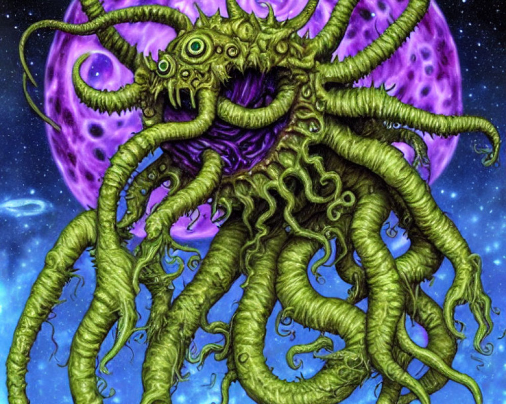 Cosmic entity with writhing tentacles and single eye in space scene