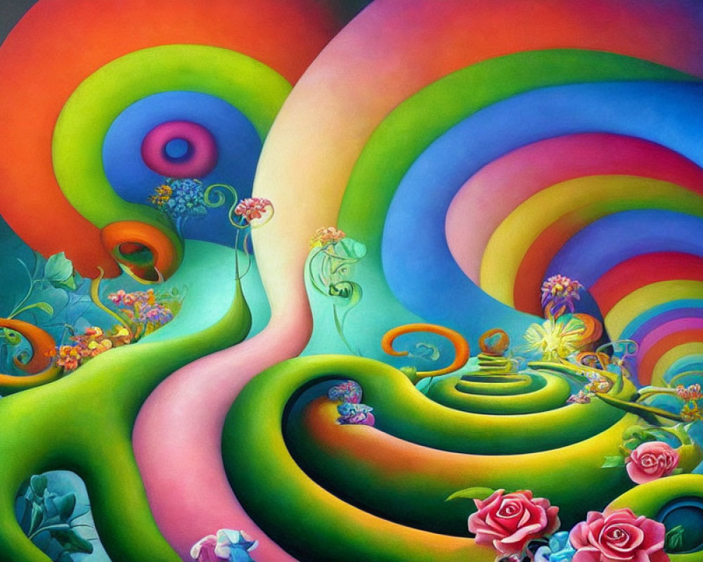 Colorful surreal painting with rainbow paths and whimsical hillside spiral