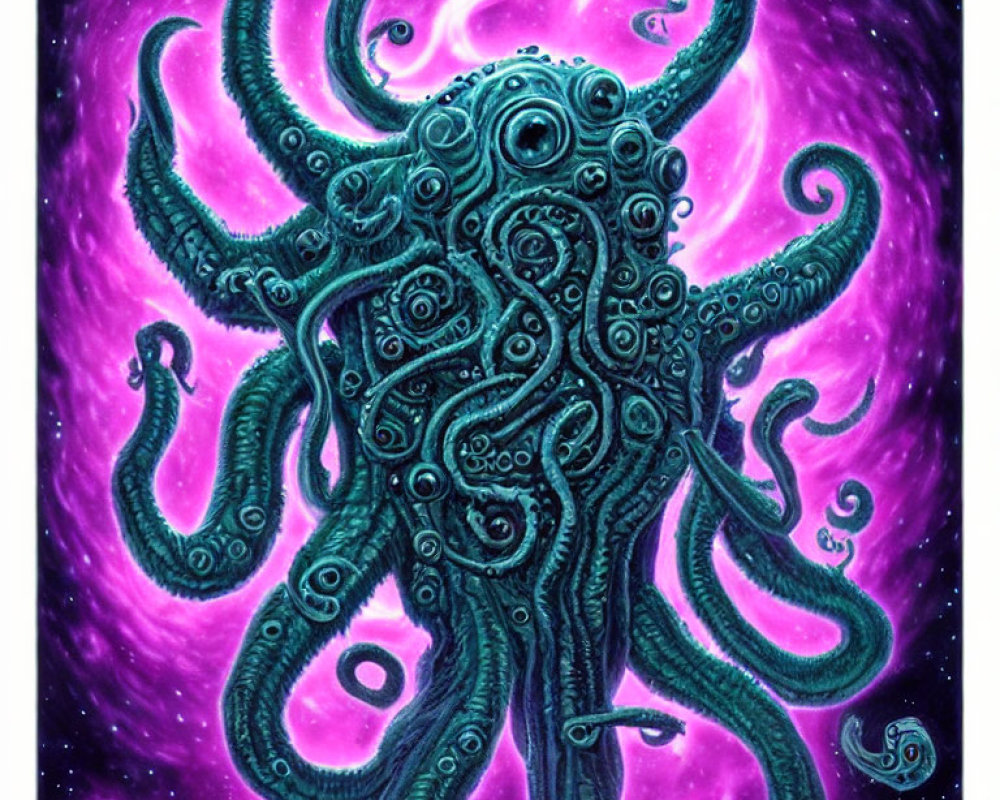 Teal octopus-like creature with swirling tentacles on cosmic purple background