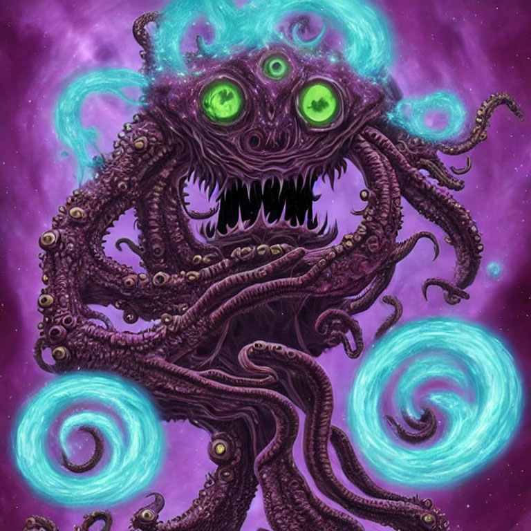 Monstrous creature with green eyes and tentacles on cosmic swirl background