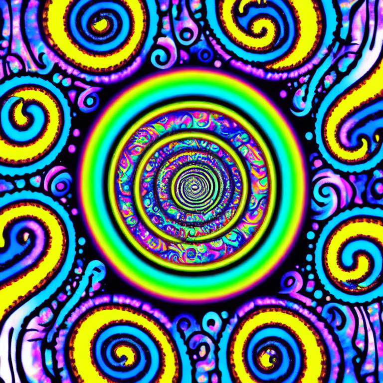 Colorful Psychedelic Spiral Pattern with Neon Colors and Swirling Designs