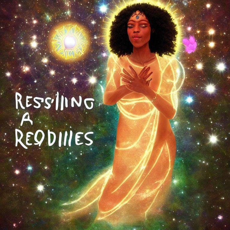 Person with radiant aura surrounded by stars and symbols "Ress'ling A Redilies