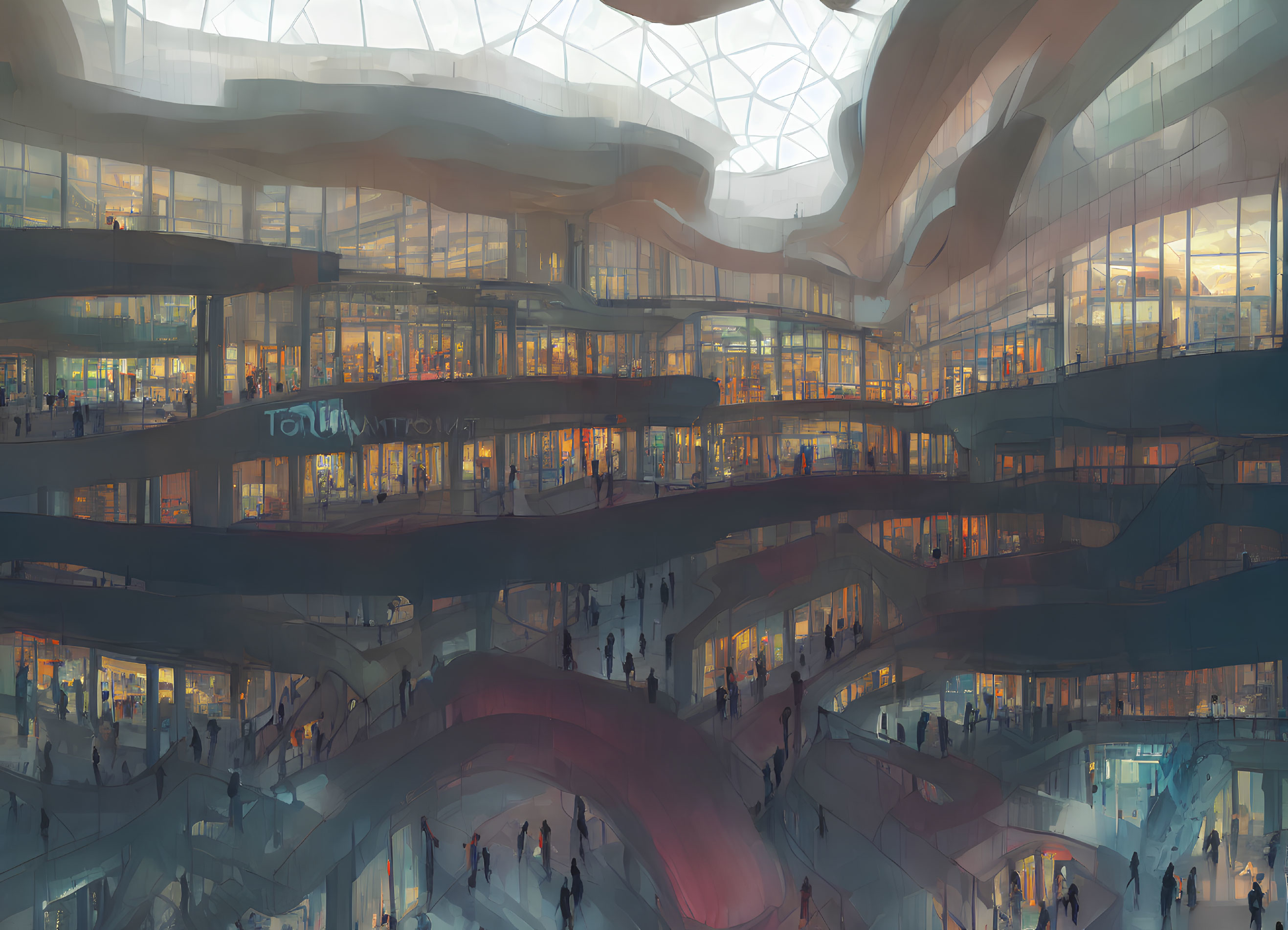 Modern multi-level shopping mall with flowing design, bright storefronts, and transparent ceilings